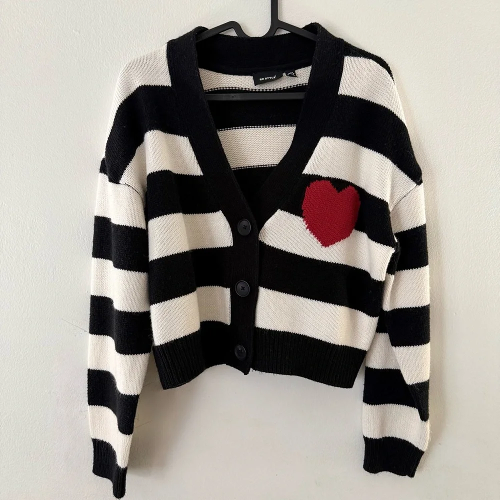 Anthropologie Heart Striped Cardigan Sweater - Picture 3 of 7